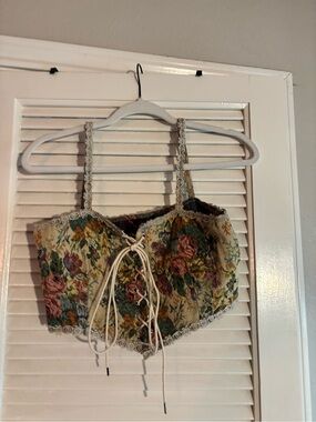 Cider Floral Tapestry Lace-Trim Bustier Top